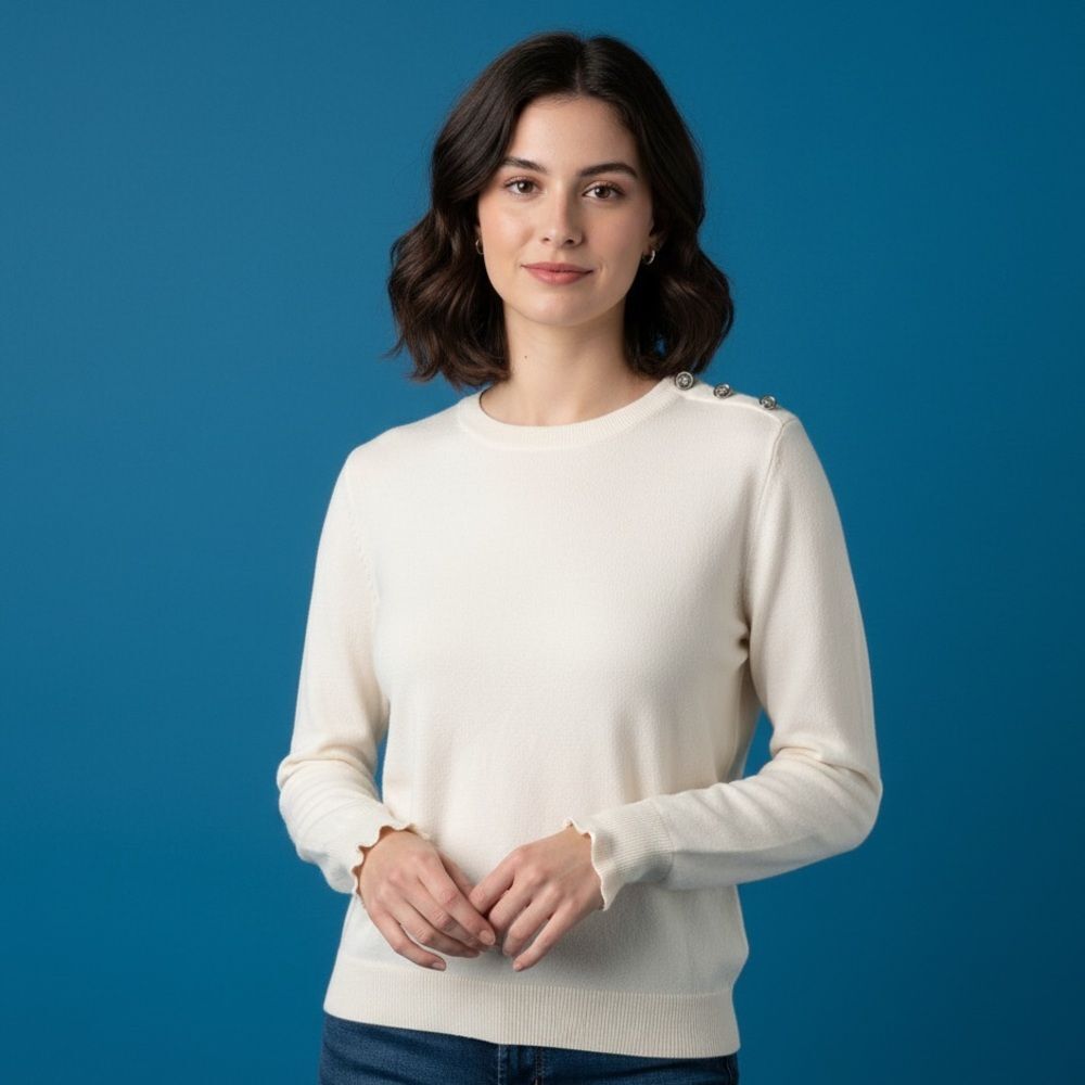 J. Crew Ivory Cotton Ruffle Rhinestone Sweater Size Large